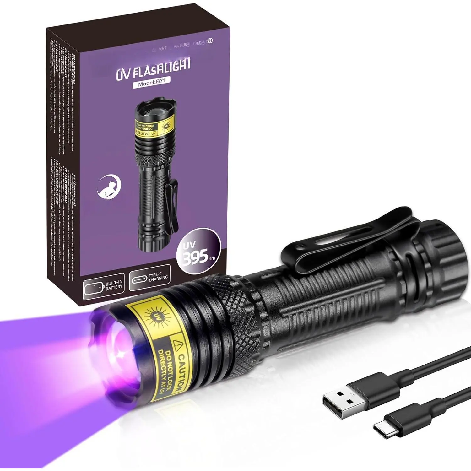 UV Flashlight 395nm Black Light, Mini but  Blacklight USB- C LED Rechargeable, Focusable Woods Lamp Water Resistant, Detector for Pet , Uranium Glass&Leak Detection, Curing
