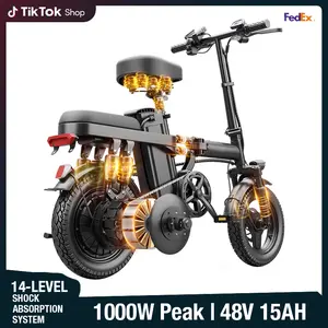 Electric Folding Bicycle 500W Motor 14-Inch Tires 48V 15Ah Battery 30-Mile Range Certified Shock Absorption Smart Urban Bike 1000W Peak Power 45KM Range Foldable with 16-Level Shock Absorption System Commuter Ebike Suspension Ebike Brakes
