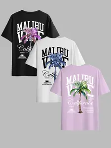 Men's Classic Versatile Letter Tropical Coconut Tree T-Shirt Set, Summer Round Neck Short Sleeve Casual Comfortable Top for Outdoor Wear