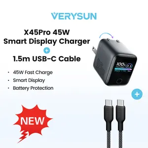 Verysun Smart Display Charger X45 Pro 45W Fast Charging USB-C Charger with 1.5 m USB-C to USB-C Cable Included, Switchable Charging Modes for Battery Health, Compact Foldable Plug, All-in-One for iPhone, Samsung, iPad, MacBook, Summerwins, FathersDayGift