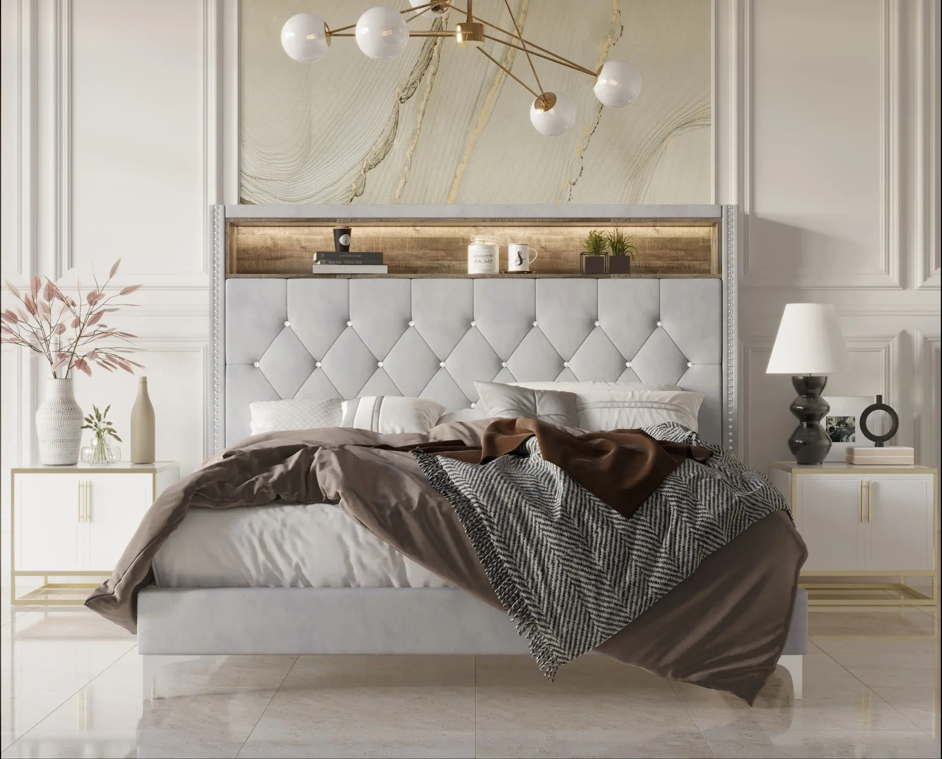 Favorer Javan LED Lighting Diamond Tufted Upholstered Storage Bed Frame with Nailhead Trim - Box Spring Compatible, Twin & Queen Size Beds Available in Multiple Sizes, King Size Beds