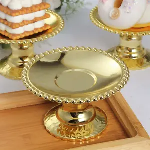 12-Pack Gold Mirror Finish Mini Plastic Pedestal Cupcake Plates 5", Beaded Rim Design - Disposable Round Cake Dessert Display Stands