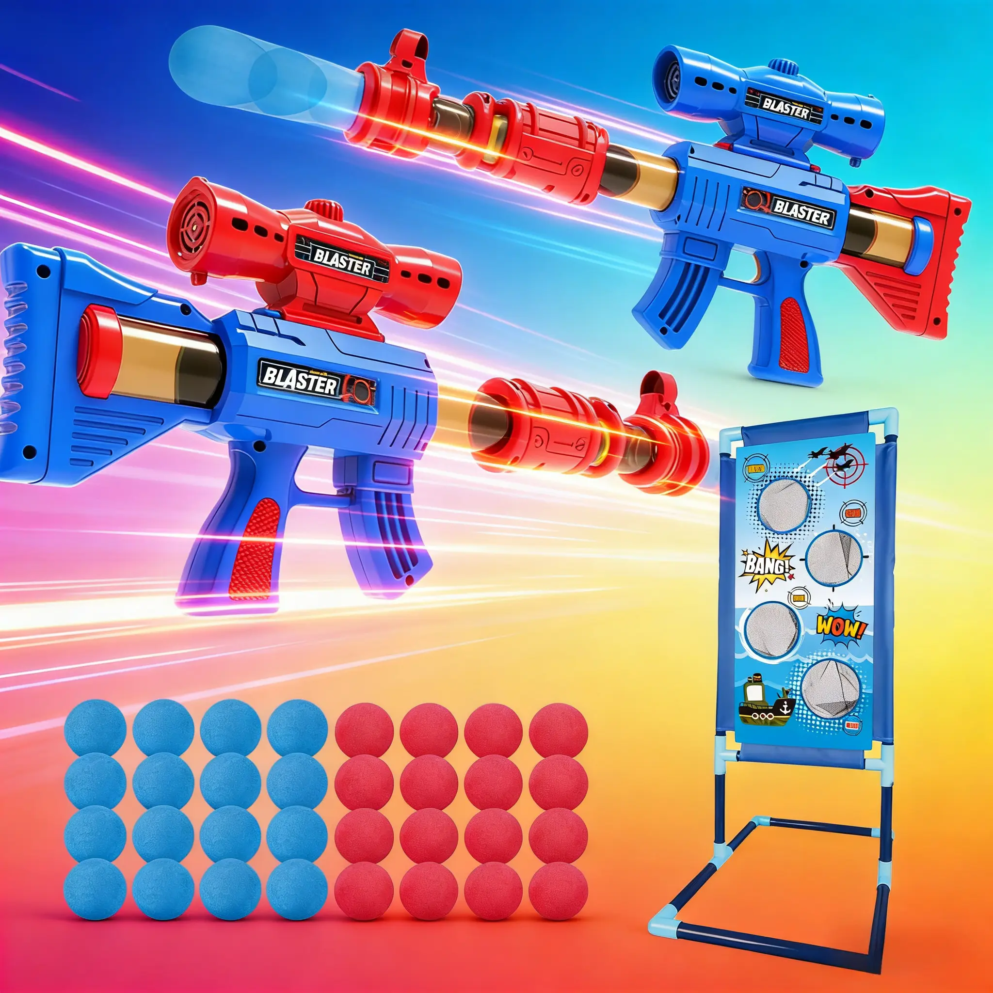 Unisex 2-Pack Handheld Pneumatic Blasting Foam Ball Popper Blaster Guns Toy Set (10 x 3.2 x 0.8 inches) – Foam Darts Blasters & Toy Guns for 6+ Kids, with Standing Target, 24 Soft Bullets, 2-Player Game, Ideal Holidays Gift