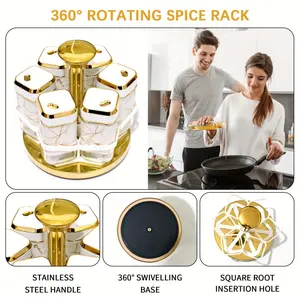 6-Bottle Glass Spice Shaker Set with Golden Metal Base - Rotating Kitchen Seasoning Containers, Food-Safe, Elegant White and Golden Design for Home Cooking, Spice Jars|Elegant Kitchenware|Glass Spice Jars, Kitchen Gadgets