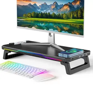 Monitor Stand with Usb Hub (3.0 & Type-C) and 15W Fast Wireless Charging,Monitor Riser with Usb C Ports for PC iMac (27 inches), Vibrant RGB Lighting Desk Organizer for Office/Home