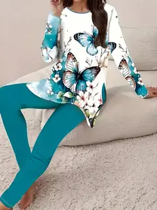 Butterfly Print Split Long Sleeve Top and Pants Set, Casual Two-Piece, Women's Fashion Clothing, Comfortable and Stylish, Womenswear