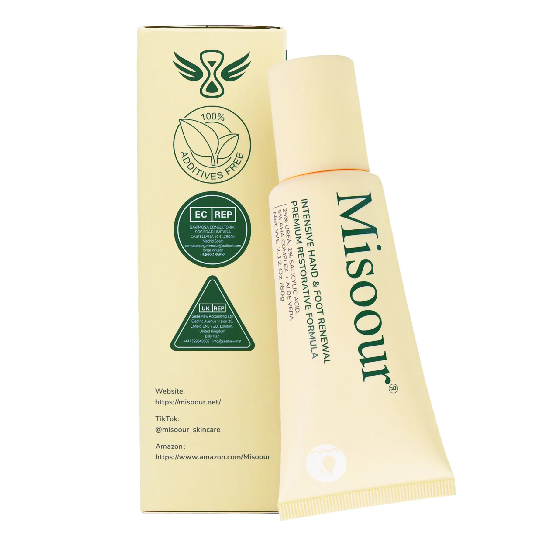 Misoour 25% Urea Hand & Foot Cream with 2% Salicylic Acid & 5% AHA + Aloe Vera, Moisturizer for Dry Rough Skin, Removes and Softens Calluses, For All Skin Types #Greenish