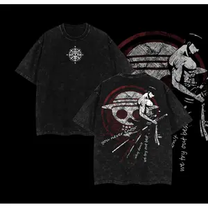 Zoro Asura One Piece Vintage Washed Oversized T-Shirt, Double Sided Print Heavy Cotton Tee, Retro Y2K Streetwear Tops, Trendy Unisex Anime Fan Gift Merch