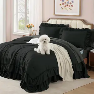 Full Comforter Set Black, Ruffle Bedding Set Farmhouse 7 Pieces, All Season Bed in a Bag with Sheets, Pillowcases & Shams