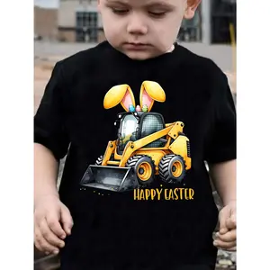 Easter Boy Excavator Bunny Ears and Easter Egg Slogan Print Playful Vibrant Personality Casual T-Shirt