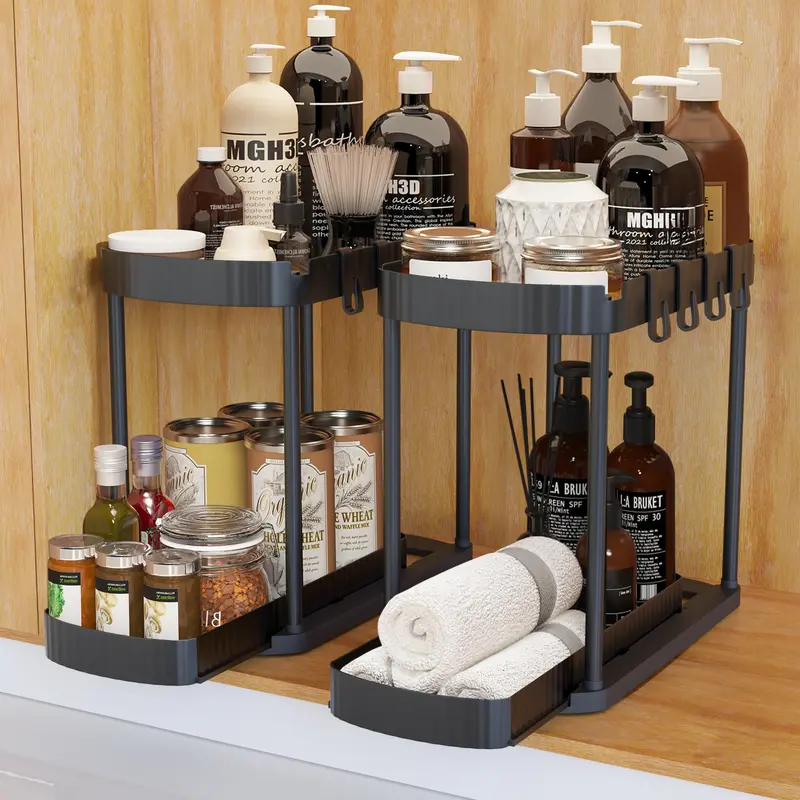 2-Tier Pull-Out Organizer Multi-Purpose Kitchen Spice Rack & Bathroom Countertop Storage Shelf with Hooks Space-Saving Under Sink Organizer for Toiletries Cleaning Supplies Black
