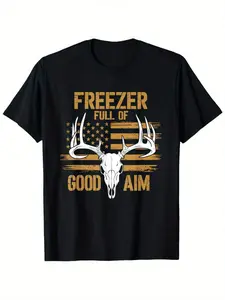 100% Pure Cotton Men'S Vintage Deer Hunting-Shirt - Freezer Full Of Good Aim Graphic Tee With Deer & American Design, Black Short Sleeve Crew Neck Casual Outdoor Shirt Dad, All-Season Comfort, Hunting Accessories, letter print