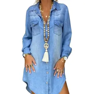 Women's Plus Size Denim Dress Long-sleeved Lapel Casual Solid Color Denim Shirt Suitable for any Season