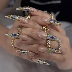 Emily Nails | Crystal Armor Stiletto Press On Nails Luxury Multicolor Gem Pointed False Nails