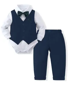 Baby Boy Clothes Toddler Boy Outfits 4PCS Gentleman Dress Romper/Vest/Pants/Bow Tie Cotton Suit Sets Shirt