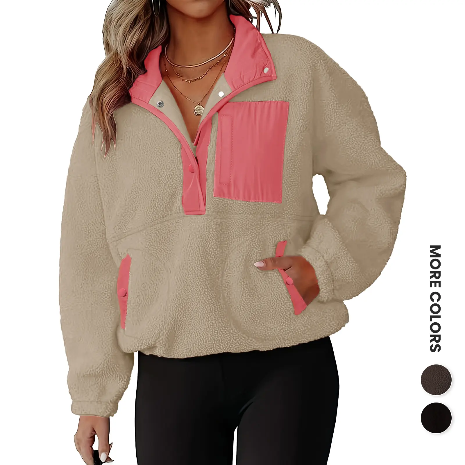 Renaishow Women's Collared Long Sleeve Fleece Pullover Jacket - Sherpa Sweatshirt with Pockets, Oversized Comfortable Tops, Everyday Fall Winter Warm Casual Travel Outfit