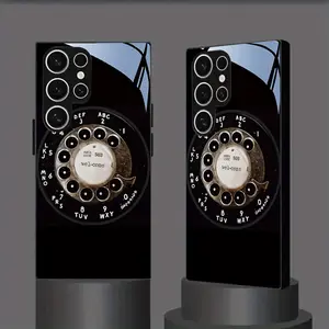 Retro rotary dial telephone pattern, white light glass phone case, suitable for Samsung S25, 24, 23, 22, 21, 20 FE/Plus/Ultra, A03S/05S/05/06/14/15/16/23/24/25/26/32/34/35/36/51/52/53/54/55/56/71, Note20 and other series models.