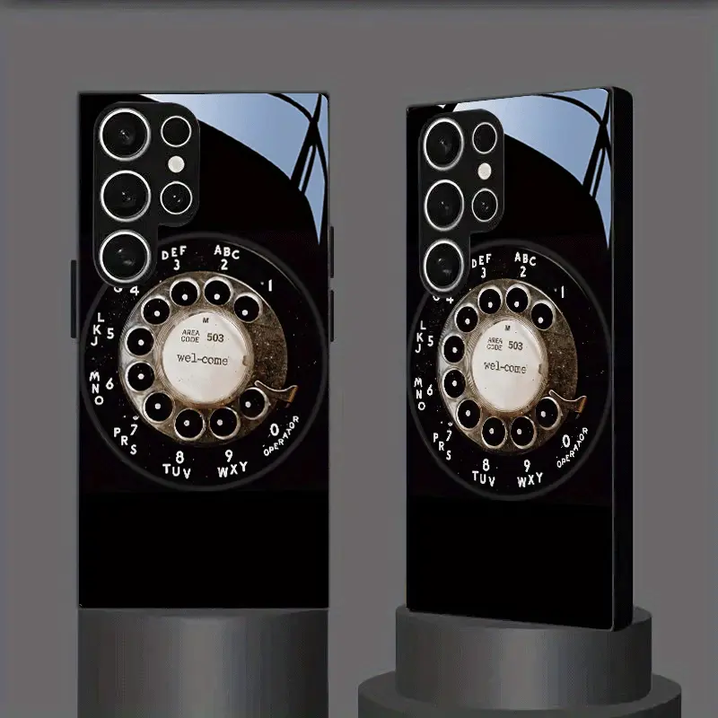 Retro rotary dial telephone pattern, white light glass phone case, suitable for Samsung S25, 24, 23, 22, 21, 20 FE/Plus/Ultra, A03S/05S/05/06/14/15/16/23/24/25/26/32/34/35/36/51/52/53/54/55/56/71, Note20 and other series models.