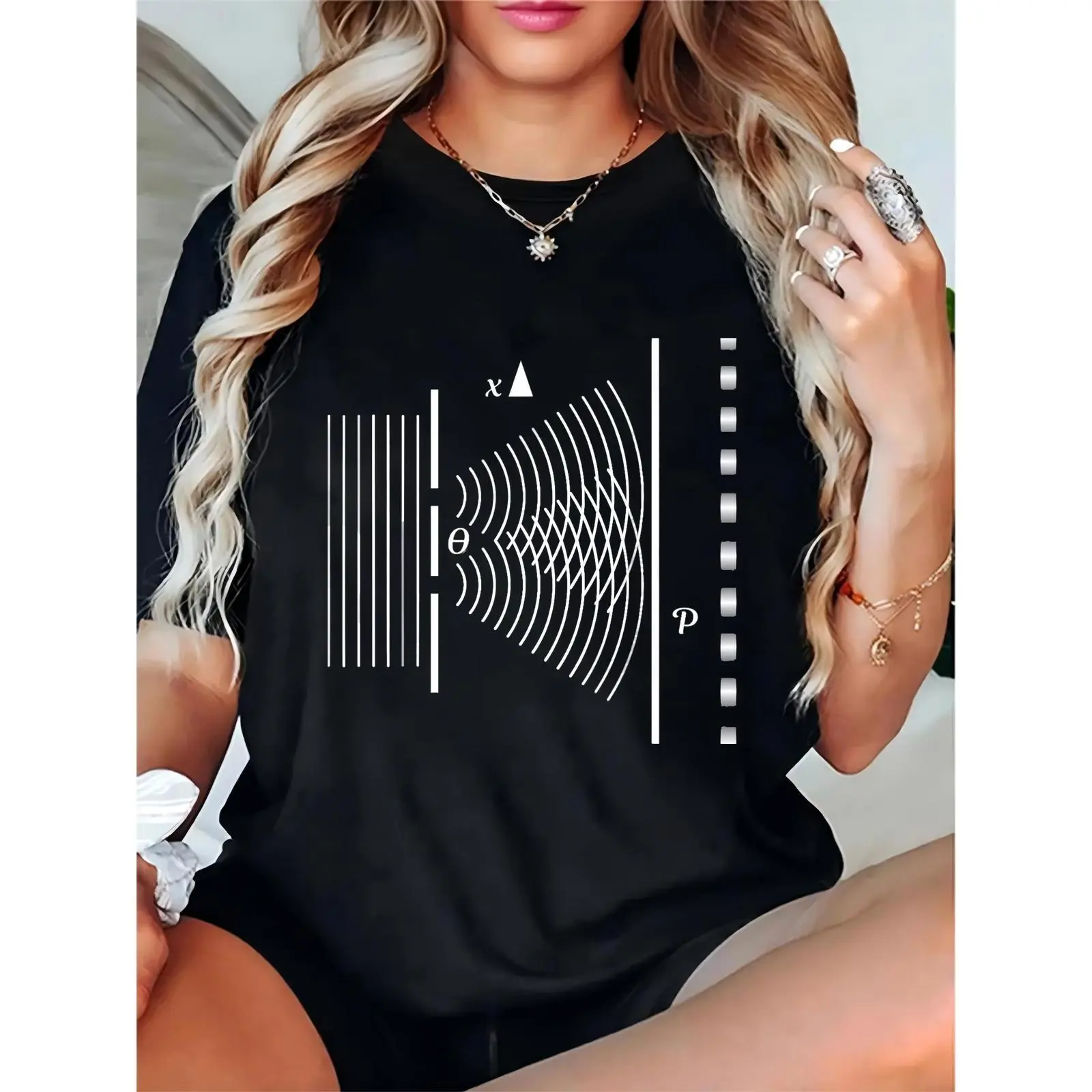 Women’s Black T-Shirt with Geometric Mathematical Line & Symbol (x, θ, ρ) Design – Casual Daily, Science Lovers, Back to School or Geeky Occasions