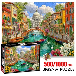1pc 1000 piece adult puzzle 70x50cm Venice Canals with Bridge, Gondolas and Floral Views 500 pieces of paper jigsaw puzzle, suitable for adults and families, large-scale DIY puzzle interactive toy