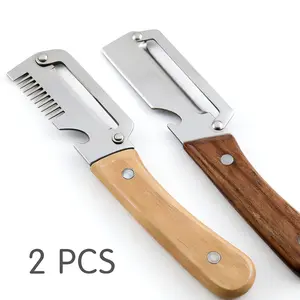 2-Piece Camp Kitchen Multi-Functional Tool Set, Ultra-Sharp Stainless Steel Blade, Wooden Handle, Bottle Opener, Vegetable and Fruit Peeler, Sugarcane Slicer for Outdoor Camping & Hiking Gear