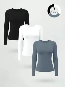 Women's High Elasticity Slim Fit Sports Top, Casual Long Sleeve Round Neck Tee for Gym Running, Quick-Dry Activewear for Spring & Fall, Athletic Fashion Activewear
