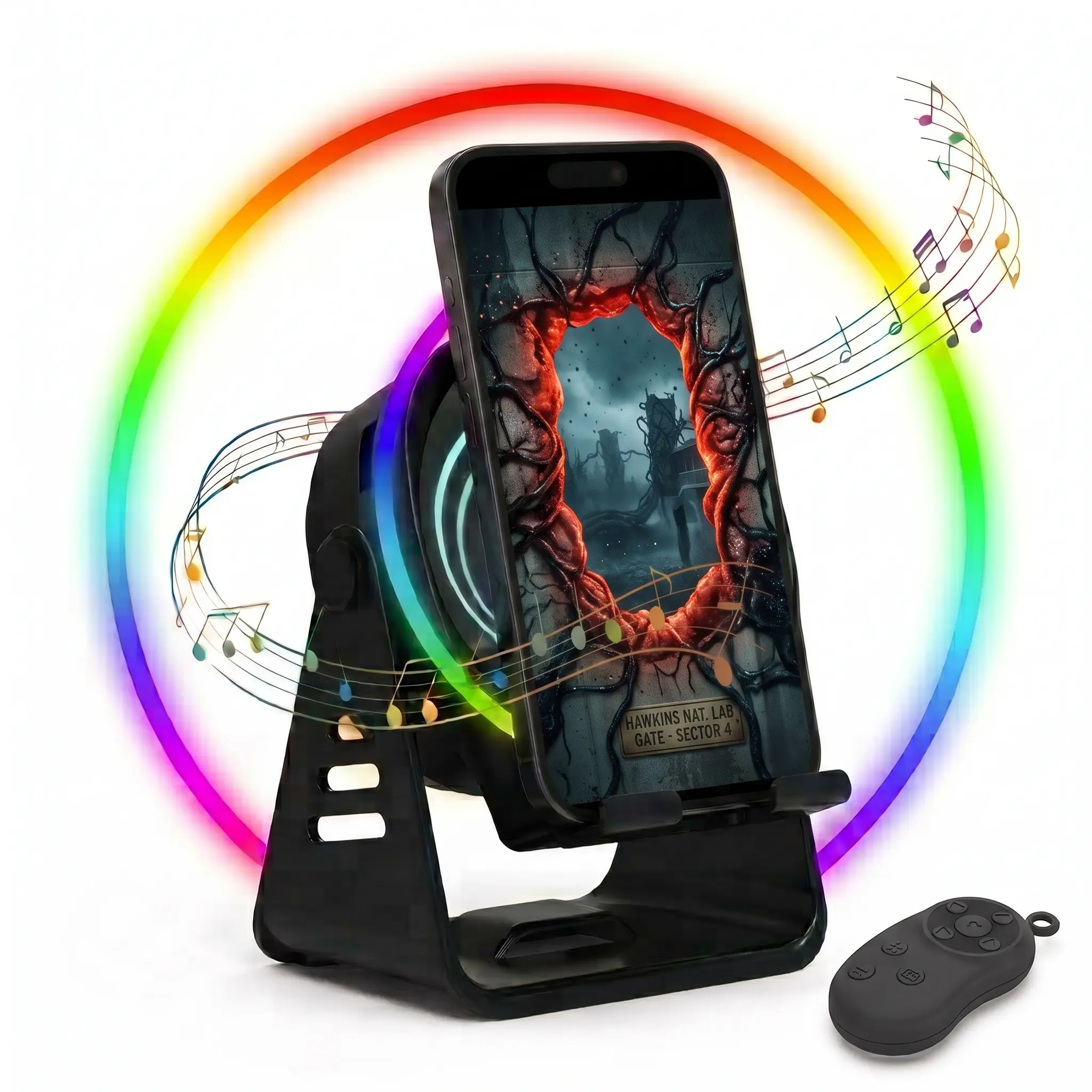 [7-in-1 Upgrade] Wireless Induction Speaker Phone Stand with Remote Control, microphone speaker,3500mAh Emergency Power Bank, 360° Rotating Cellphone Tablet Holder with RGB Ambient Light, Perfect Gadget Gifts