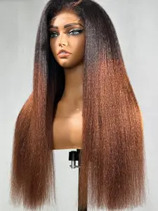 Ombre Brown Soft 30-Inch Long 180 Density Kinky Yaki Straight Synthetic Hair Lace Front Wig, Heat Resistant, Glueless, Pre-plucked, Daily Wear, All Seasons, Glueless Ready To Wear Wig