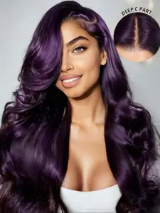 Dark Purple 13x4 HD Transparent Body Wave Lace Front Wigs 1 80 Density Lace Closure Wigs Purple Colored Water Wave Lace Frontal Wigs For Women Natural Looking Wigs Glueless Frontal Wigs Deep Wavy Wigs No Glue Wig