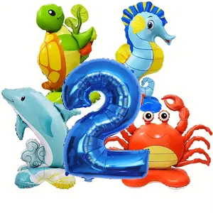 5-piece ocean-themed animal foil balloon set, Balloon decorations kit: Includes marine balloons—crab, seahorse, dolphin—perfect for underwater-themed events, children’s birthday decorations, and aquarium anniversary celebrations