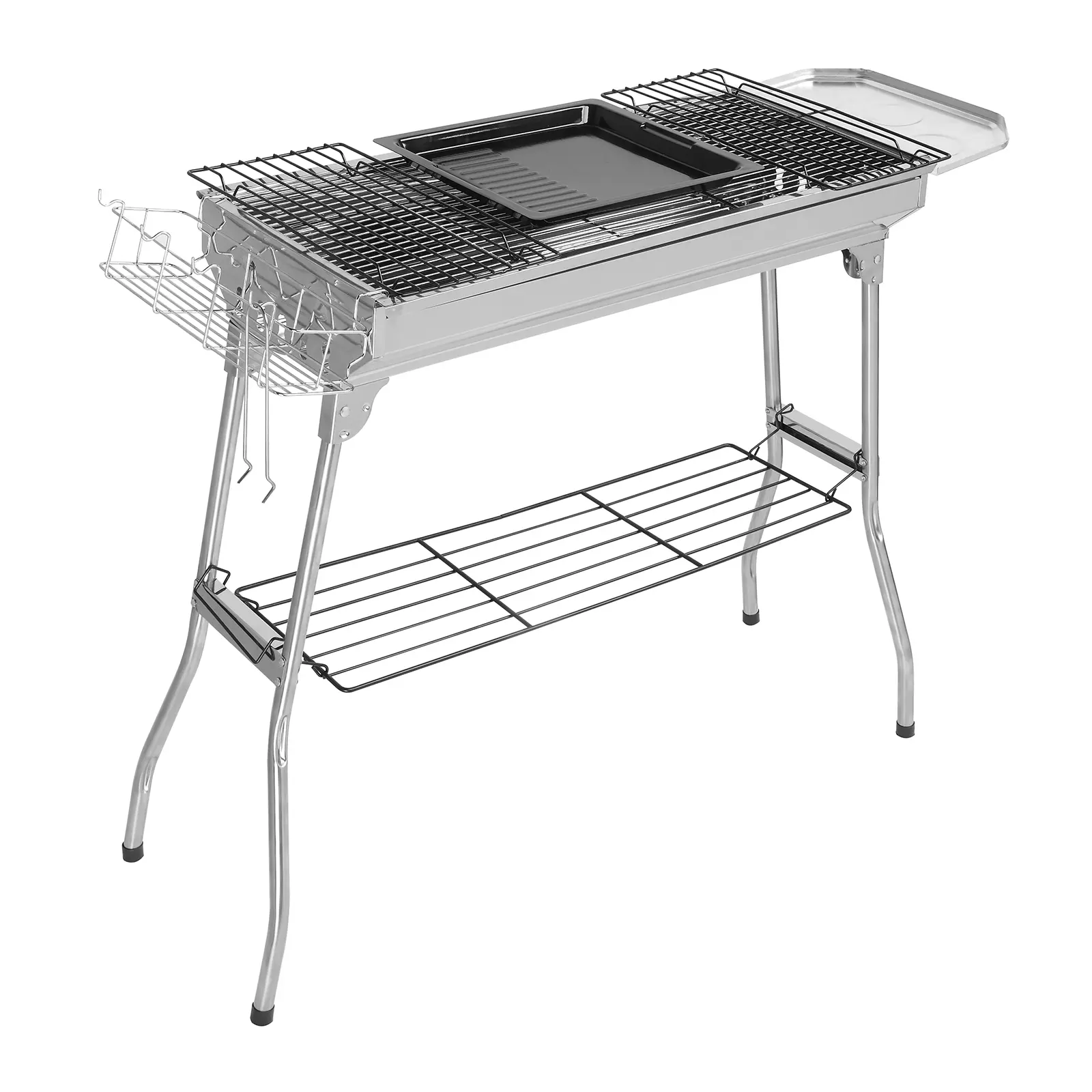 Portable Stainless Steel Folding Charcoal BBQ Grill with Side Tables, Storage Basket, and Barbecue Tool Kit, Includes Forks, Tongs, Shovel, for Outdoor Cooking, Camping, Backyard