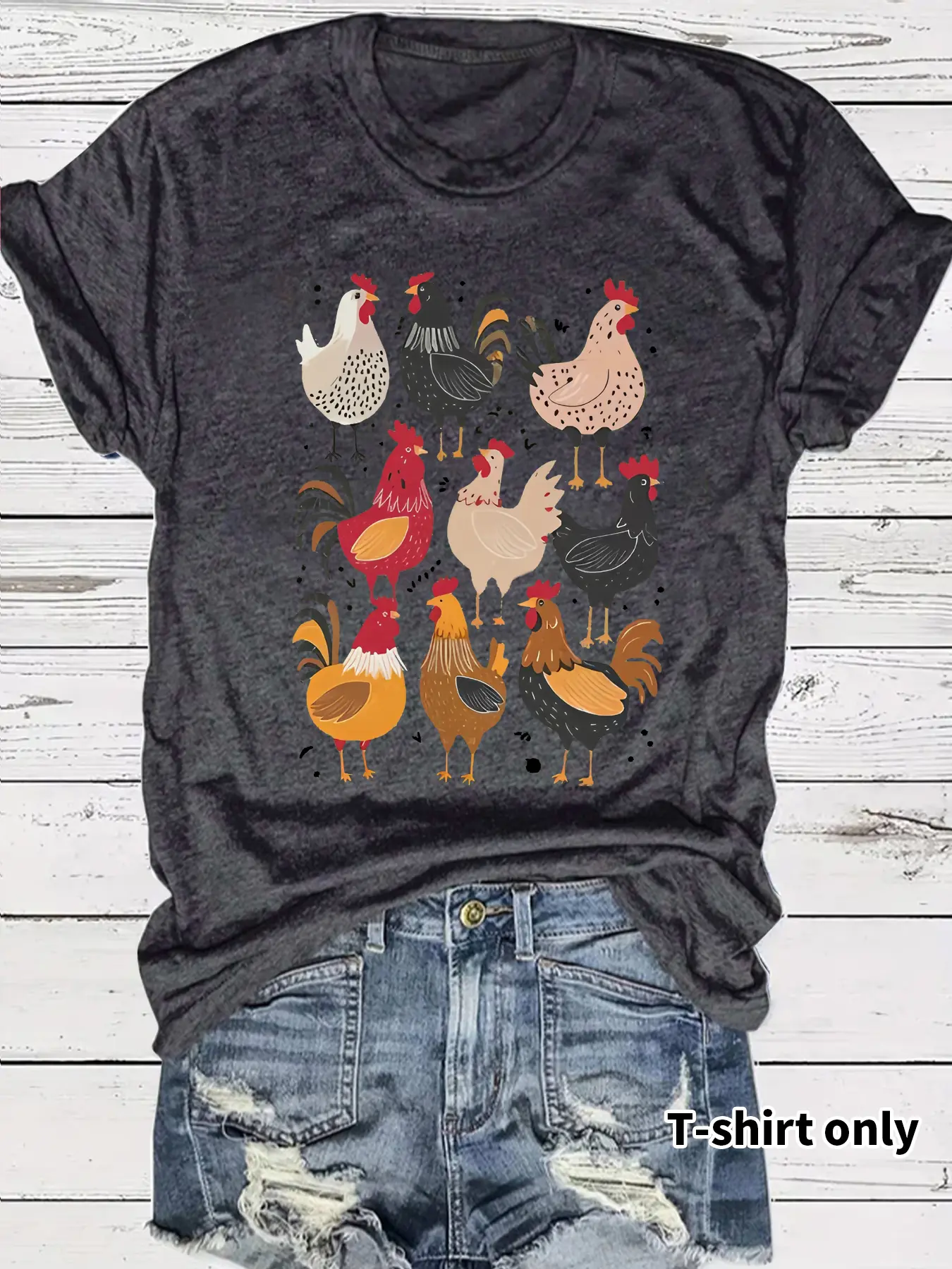 Women's Casual Everyday Chicken Pattern Prints T-Shirt, Fit, Soft Breathable Fabric, Loose Round Neck, Summer Fashion Top, Womenswear