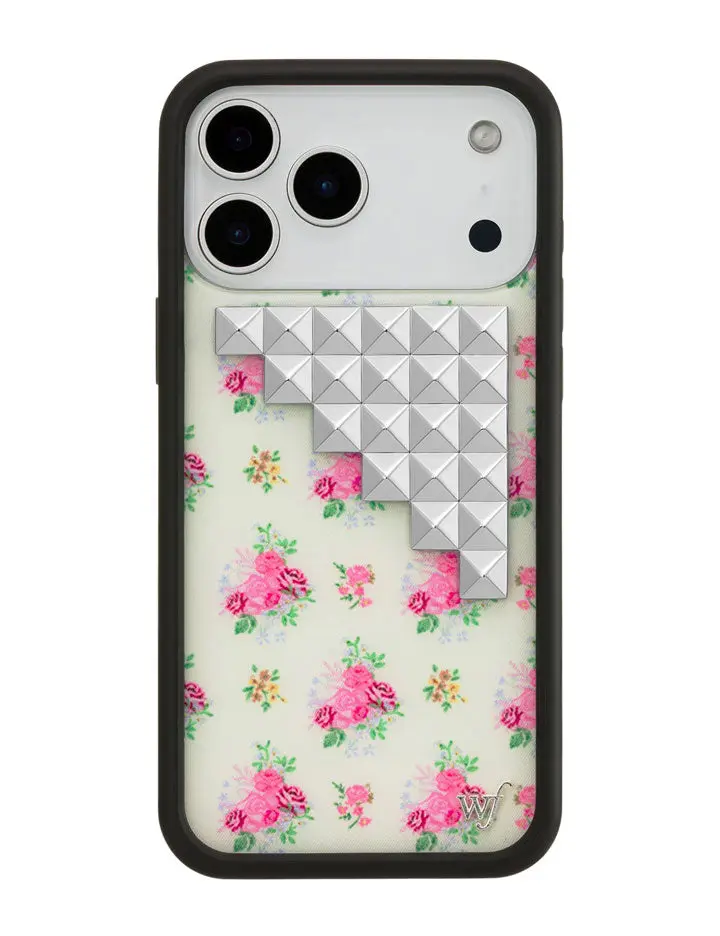 Vintage Floral Studs | Limited Edition Trendy Collab iPhone Case | Raised Protective Black Bumper | Women Owned Small Business | Vintage Pink and Yellow Flower Bouqets Silver Studded | Safety Casing Protective | Gift for Her