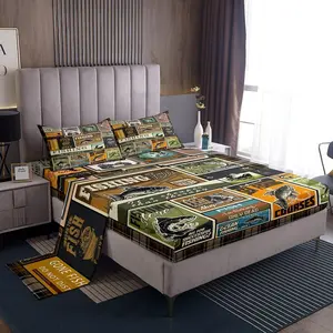 Fish Sheets with Deep Pocket Fitted Sheet,Vintage Fish Stamp Pattern Sheet Set,Fishing and Hunting Brown Green Bed Sheets Set,Room Decor