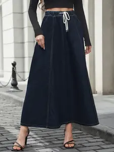Water Wash Casual Denim Drawstring Long Skirt, Women's Half Apron Dress for All Seasons, Outdoor Date Wear, Daily Use