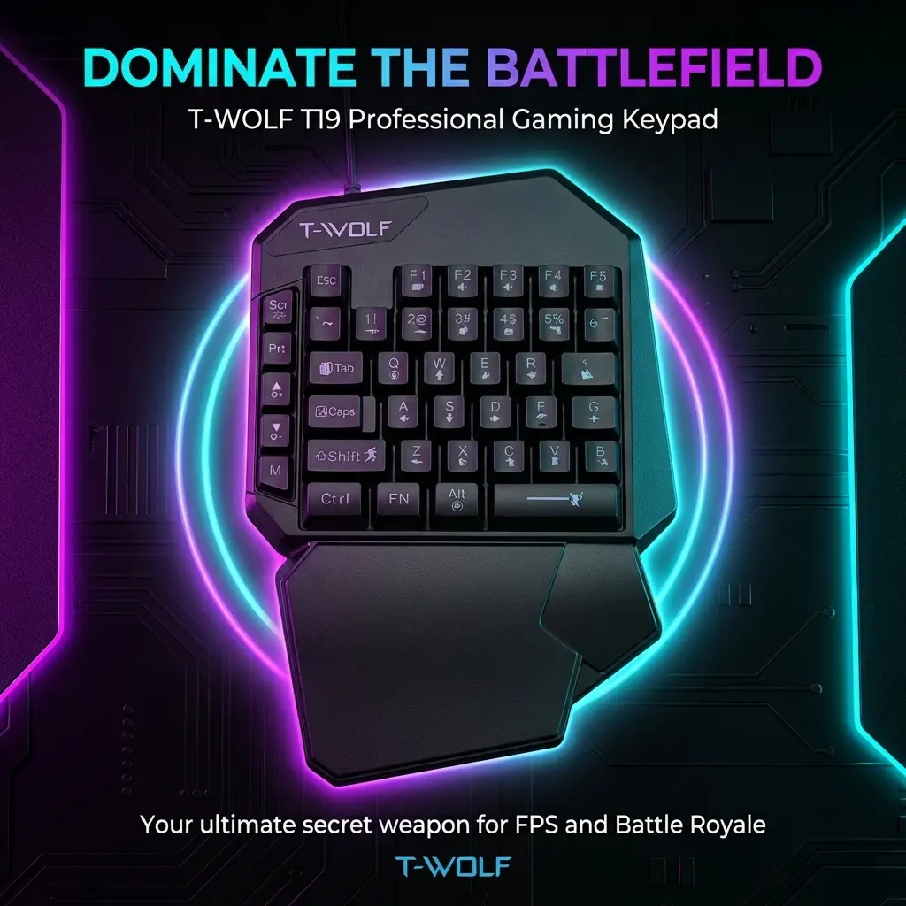 T-WOLF T19 One-Handed Gaming Keyboard with RGB Backlit, 40-Key Wired Gaming Keypad with Ergonomic Wrist Rest, Mechanical Feel USB Keyboard for PC, Laptop, FPS, MOBA and Battle Royale Games