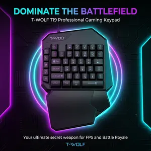 T-WOLF T19 One-Handed Gaming Keyboard - 40 Keys Single Hand Mechanical Feel Keypad - Rainbow RGB Backlit with Ergonomic Wrist Rest - Wired USB Mini Gaming Keyboard for PC, Laptop, FPS Games (PUBG/COD)