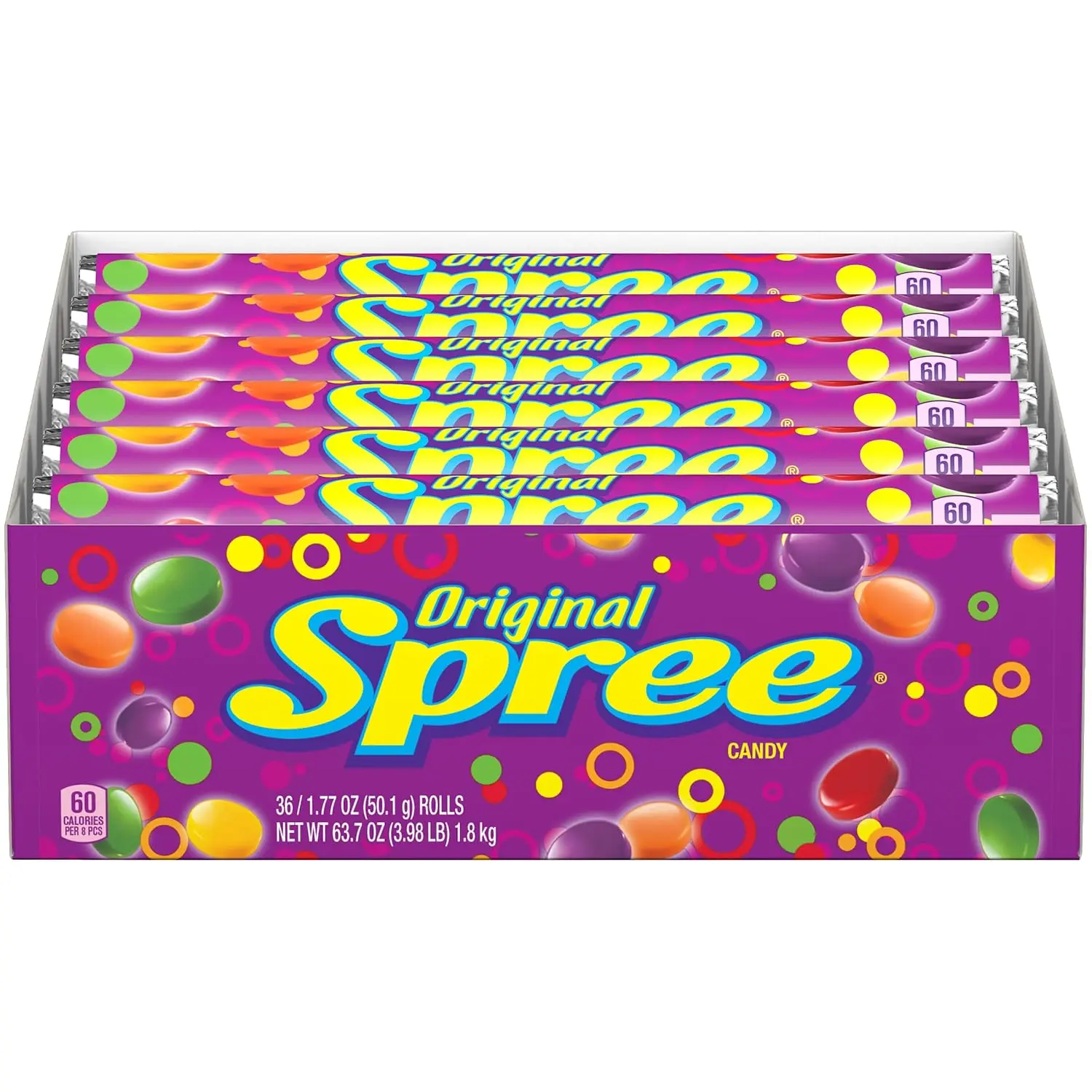 Wonka Spree Original Hard Candy Rolls Variety Pack 36 Count, Grape Lemon Lime Cherry Orange Flavors, Sweet Shell with Tangy Center, 1.77 Oz Rolls, On-the-Go Candy, Movie Night Snack, Share Pack