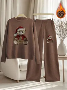 Women's Christmas Bear Print Thick Knit Sweater Set, Loose Fit Round Neck Long Sleeve Top, High Waist Straight Leg Pants Two-Piece Suit