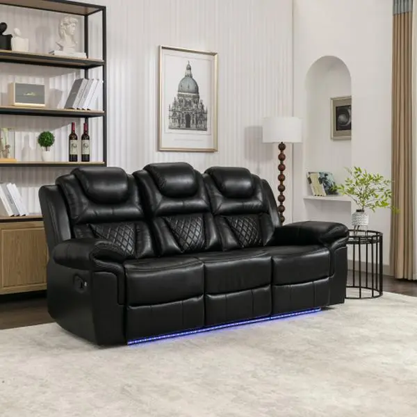 Modern Indoor Manual Reclining Home Theater Chair with Center Console, LED Strip Light for Living Room, Black