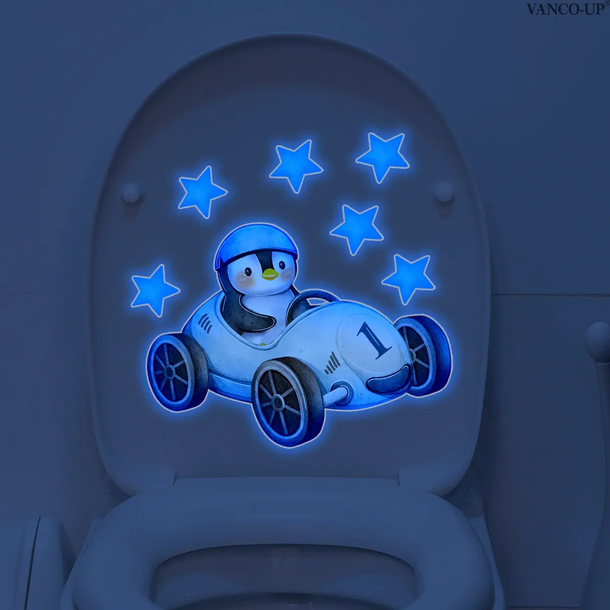 A 30*30cm creative flat blue light wall sticker featuring a penguin driving a go-kart with a star, a luminous wall sticker for home background wall decoration, YCL20090