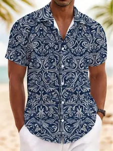 New Summer Men's Short Sleeve Shirt, Vintage Blue European Pattern All over Print, Casual Breathable Beach Holiday Hawaiian Shirt