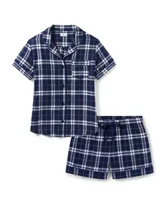 Women's Oxford Tartan Satin Short-sleeve Pajama Short Set (No Pocket) – Soft, Elegant & Comfortable