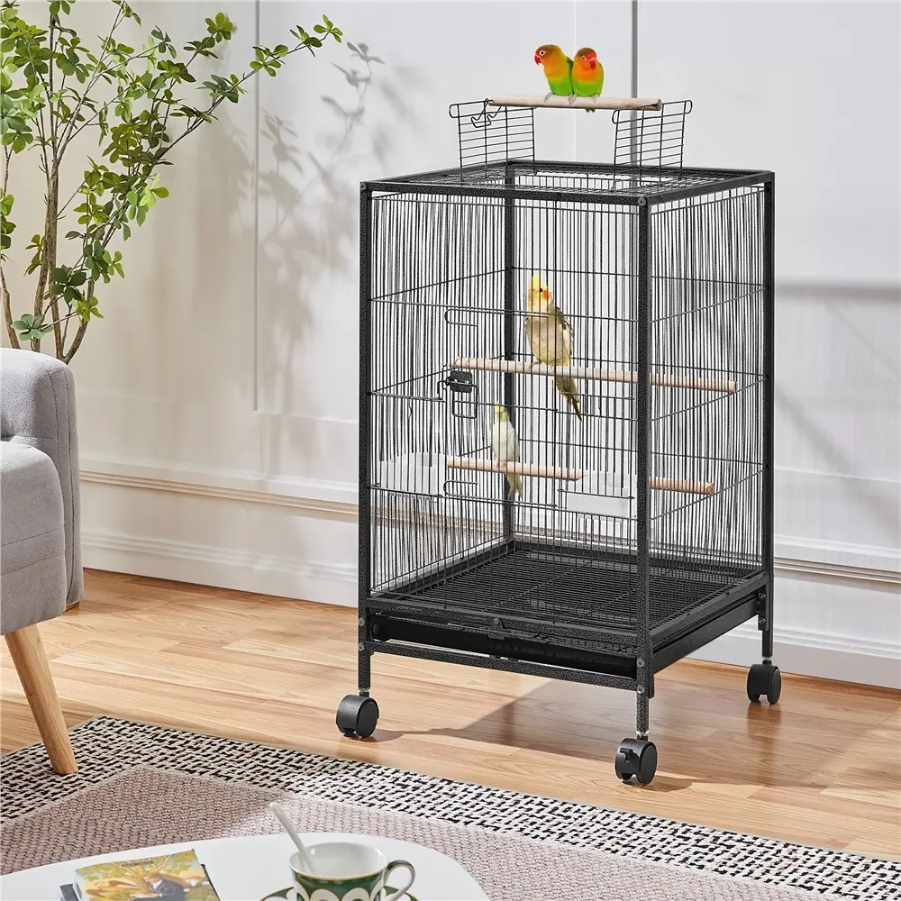 Yaheetech 35-Inch Wrought Iron Open-Top Bird Cage with Rolling Base & Stand, Black, 18in L×18in W×24in H, Mobility, Easy Clean, Latched Top for Small-Sized Birds' Safety, Latched Top Keeps Birds Safe, 18″ L × 18″ W × 24″ H