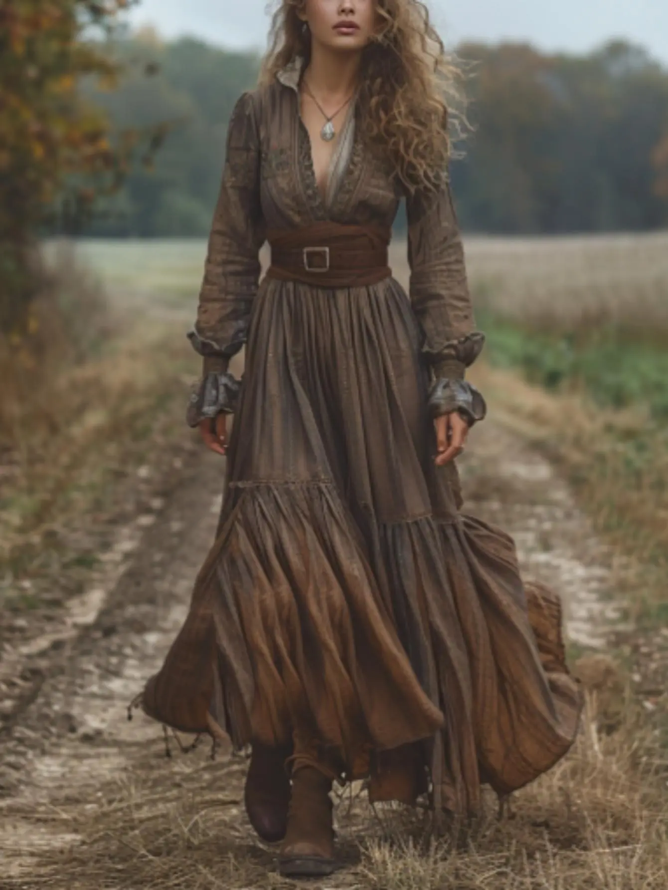 Women's Rustic Casual Vintage V-Neck Long-Sleeve Dress with Print Patchwork, Side Slit, No Belt, Elegance Aesthetic