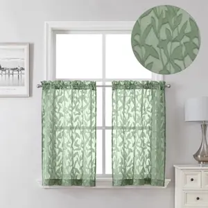 Sage Green Jacquard Leaf Sheer Curtains – 36-Inch Tiers for Kitchen, Small Windows, Living Room, Bathroom, or Bedroom (2 Pieces, 38x36 Inches)
