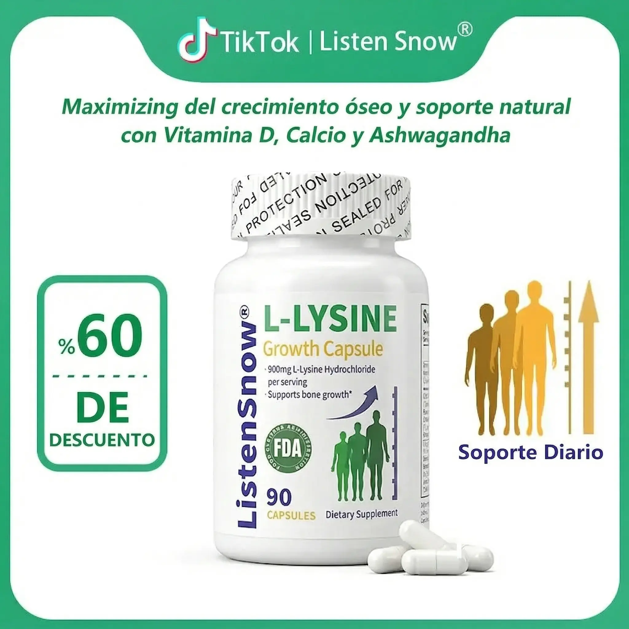 Listen Snow L-Lysine Growth Capsules | Cápsulas de Crecimiento | Maximizador de Estatura con Calcio