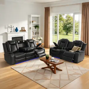 Vera Black 5-Seat Electric Recliner Sofa and Loveseat Set - Indoor Living Room Lounging Furniture for Home Use