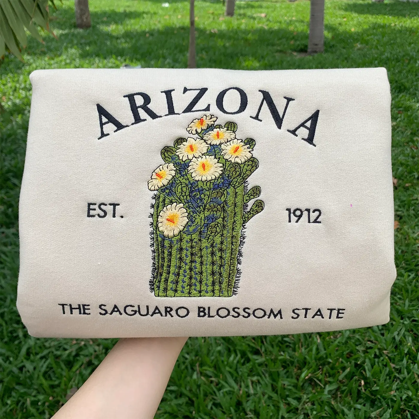 Embroidered Arizona Saguaro Blossom Sweatshirt, US State Flowers Sweatshirt | Arizona 1912 Sweatshirt, Arizona State Gift