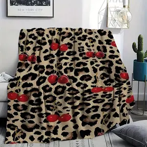 Leopard Cherry Print Flannel Blanket - Ultra-Soft All-Season Throw For Sofa, Bed, Travel & Home Decor - Machine Washable Cozy Gift With Bold Animal Print & Red Cherries, Throw Blanket For Couch